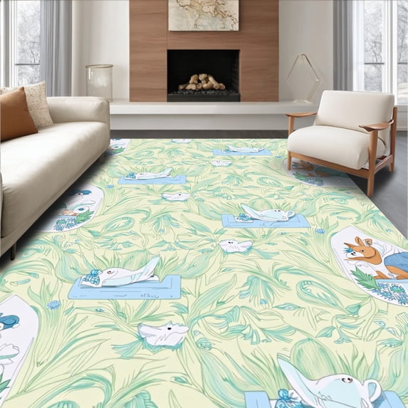 ODIKA 6'x9' Machine Washable Non-Slip Area Rug, Wilderness Hideaway Scene with Forest Creatures High Traffic Rug with Pad, Beige, 683190