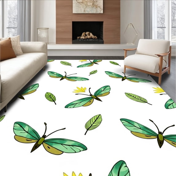 ODIKA 6'x9' Machine Washable Non-Slip Area Rug, Wilderness Insect Symphony Displaying Elegant Flying Creatures High Traffic Rug with Pad, Green, 573054