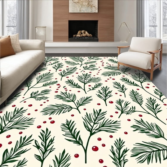 ODIKA 6'x9' Machine Washable Non-Slip Area Rug, Winter Botanical Branches Design with Crimson Berries and Fir Leaves High Traffic Rug, Green, 733387