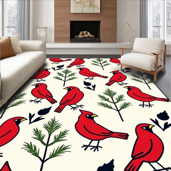 ODIKA 6'x9' Machine Washable Non-Slip Area Rug, Winter Cardinal Design Decorative Floor High Traffic Rug, Red, 605878