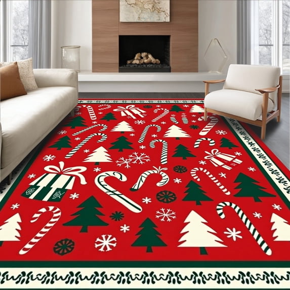 ODIKA 6'x9' Machine Washable Non-Slip Area Rug, Winter Celebration Hook Stitching Kit with Jolly Seasonal Designs High Traffic Rug with Pad, Red, 745454
