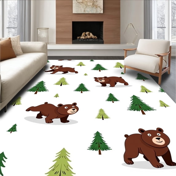 ODIKA 6'x9' Machine Washable Non-Slip Area Rug, Winter Forest Bear Cubs Playing Snow Scene Decorative Floor High Traffic Rug with Pad, Brown, 612392