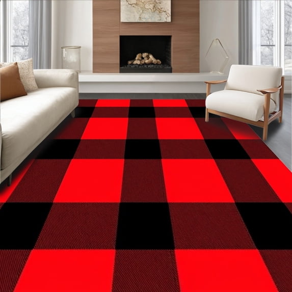 ODIKA 6'x9' Machine Washable Non-Slip Area Rug, Winter Hearth Interlocking Buffalo Check with Vintage Stripe Accents High Traffic Rug, Red, 610533