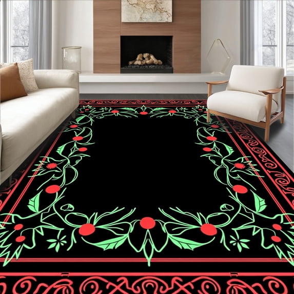 ODIKA 6'x9' Machine Washable Non-Slip Area Rug, Winter Motif Featuring Bauble Clusters and Festooned Bows High Traffic Rug, Red, 739123