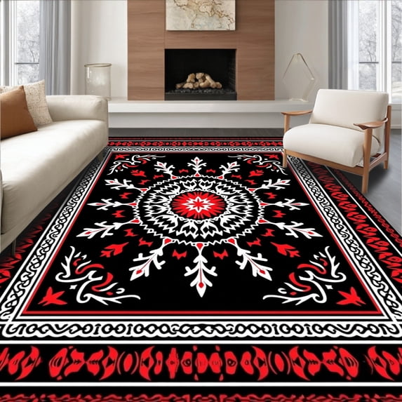 ODIKA 6'x9' Machine Washable Non-Slip Area Rug, Winter Snowflake with Intricate Crystalline Design High Traffic Rug with Pad, Black, 637222