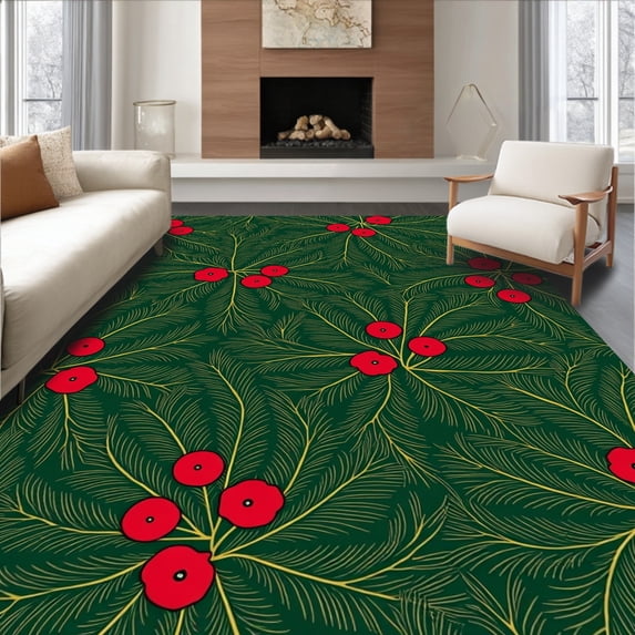 ODIKA 6'x9' Machine Washable Non-Slip Area Rug, Winter Sprig Ensemble Featuring Pine and Holly Seasonal High Traffic Rug with Pad, Green, 623655