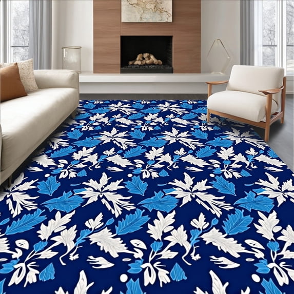 ODIKA 6'x9' Machine Washable Non-Slip Area Rug, Winter Wonderland Showcasing Frosted Holly Leaves and Delicate Icicle Motifs High Traffic Rug, Navy, 734750
