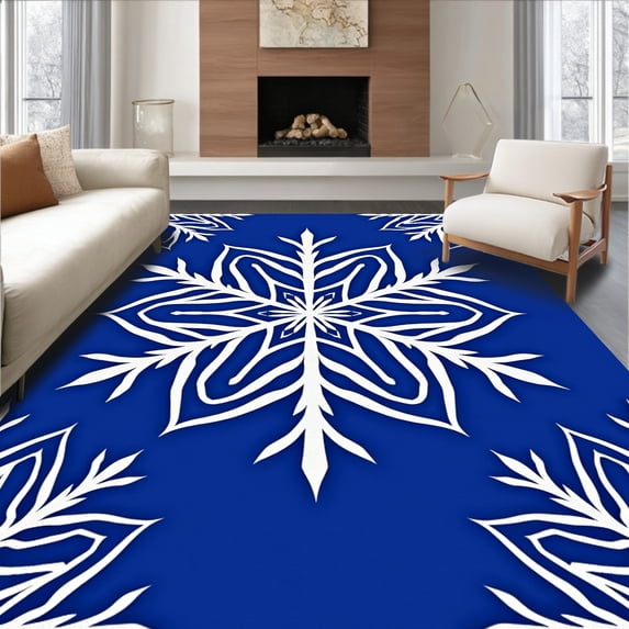 ODIKA 6'x9' Machine Washable Non-Slip Area Rug, Winter Wonderland Snow Spiral with Frosted Lattice Detailing High Traffic Rug with Pad, Blue, 629836