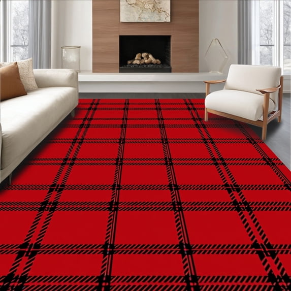 ODIKA 6'x9' Machine Washable Non-Slip Area Rug, Wintertime Gingham Hearth Greeting High Traffic Rug with Pad, Red, 504144