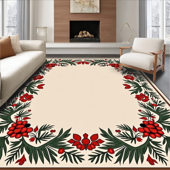 ODIKA 6'x9' Machine Washable Non-Slip Area Rug, Woodland Evergreen Harvest High Traffic Rug with Pad, Red, 622056