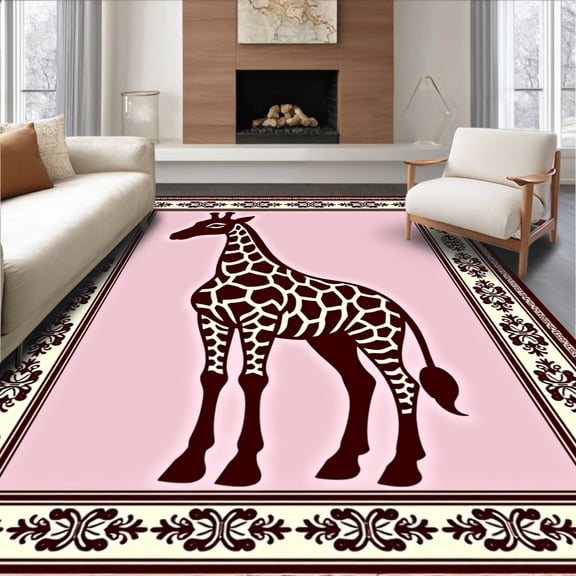 ODIKA 6x9 Machine Washable Non-Slip Area Rug, Woodland Giraffe Tapestry Kit Yarn Project High Traffic Rug, Pink, 645967