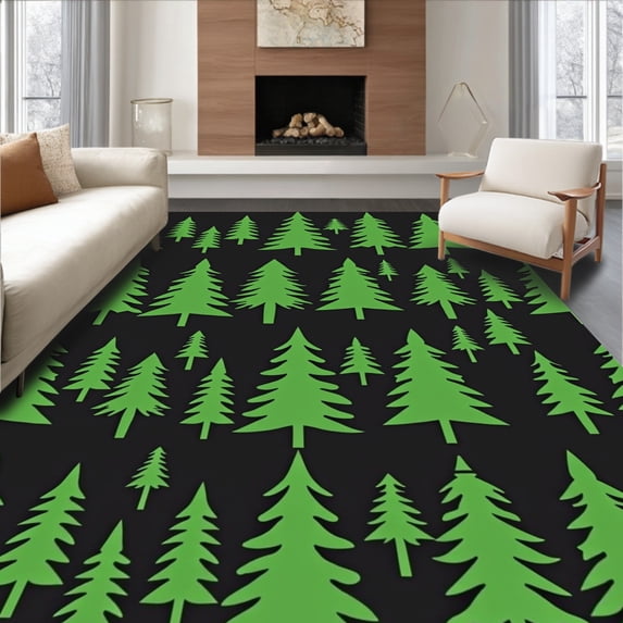 ODIKA 6'x9' Machine Washable Non-Slip Area Rug, Xmas Tree Duo Pine Forest Holiday Floor High Traffic Rug with Pad, Black, 627575