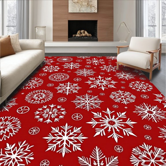ODIKA 6'x9' Machine Washable Non-Slip Area Rug, Yuletide Botanical Frosty Wonderland Decorative Accent High Traffic Rug, Red, 638839