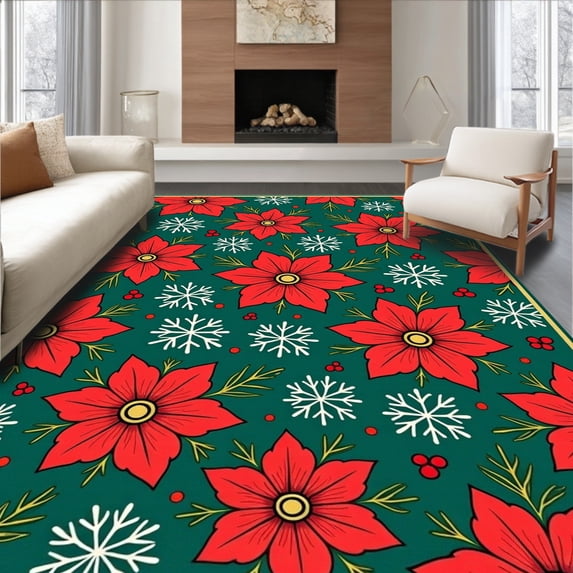 ODIKA 6'x9' Machine Washable Non-Slip Area Rug, Yuletide Celebration Floor Protection Decorative Welcome High Traffic Rug with Pad, Red, 625426