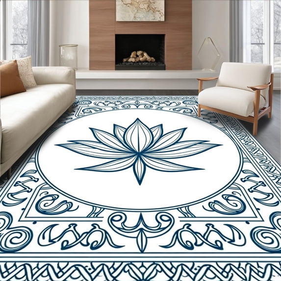 ODIKA 6'x9' Machine Washable Non-Slip Area Rug, Zen Circular Lotus Flower High Traffic Rug with Pad, Blue, 713859