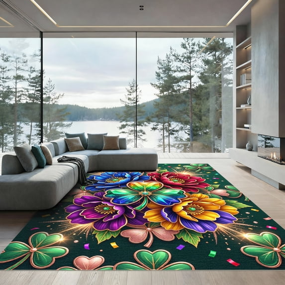 ODIKA 8' x 10' Machine Washable Non-Slip Area Rug, 3d floral High Traffic Rug, Green, 1302555