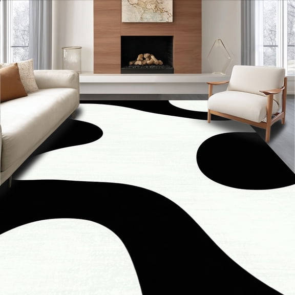 ODIKA 8'x10' Machine Washable Non-Slip Area Rug, Contemporary Abstract Swirl with Dynamic Curved Line High Traffic Rug, Black, 130532