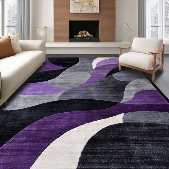 ODIKA 8' x 10' Machine Washable Non-Slip Area Rug, Abstract Wave High Traffic Rug, Purple, 269879