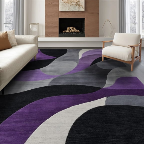 ODIKA 8'x10' Machine Washable Non-Slip Area Rug, Abstract Purple High Traffic Rug, Purple, 269879