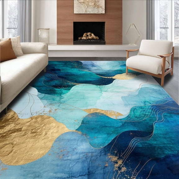 ODIKA 8' x 10' Machine Washable Non-Slip Area Rug, Abstract Wave High Traffic Rug, Teal, 175544