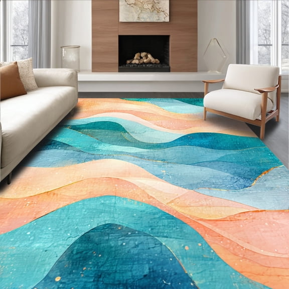 ODIKA 8' x 10' Machine Washable Non-Slip Area Rug, Abstract wave High Traffic Rug, Orange, 40377
