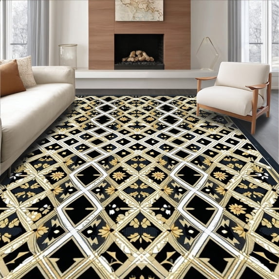 ODIKA 8'x10' Machine Washable Non-Slip Area Rug, Geometric Floral Lattice With Interlocking Shapes And Leaf Details High Traffic Rug, Black, 218428