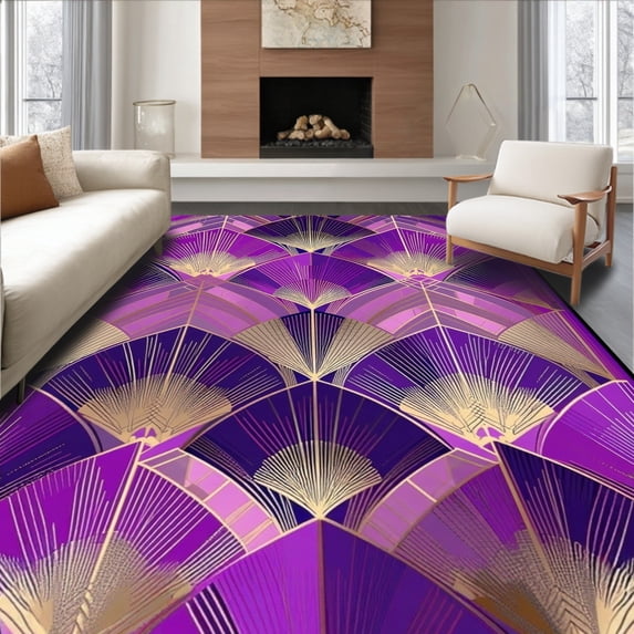 ODIKA 8'x10' Machine Washable Non-Slip Area Rug, Art Inspired Fan and Motif Design High Traffic Rug, Purple, 221144