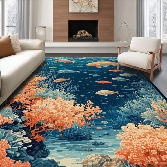 ODIKA 8' x 10' Machine Washable Non-Slip Area Rug, Art Nouveau Fish High Traffic Rug, Blue, 38475