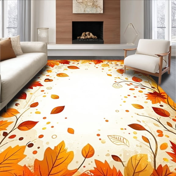 ODIKA 8'x10' Machine Washable Non-Slip Area Rug, Harvest Inspired with Abstract Leaves and Flowing Geometric Accents High Traffic Rug, Orange, 167994