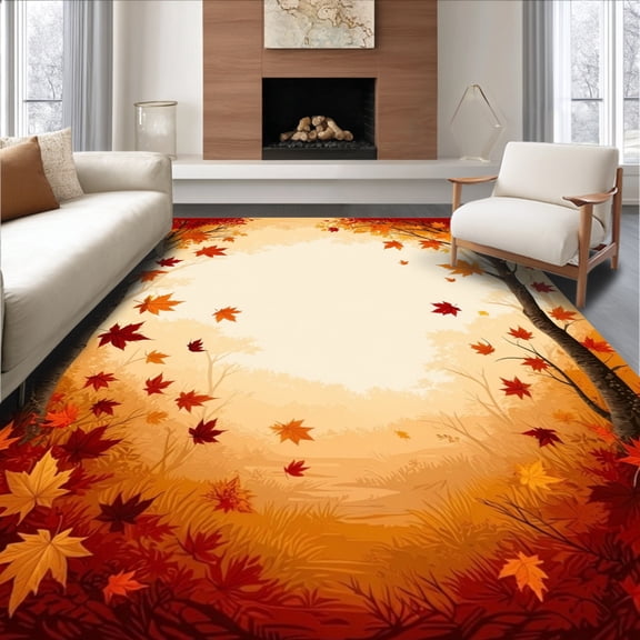 ODIKA 8'x10' Machine Washable Non-Slip Area Rug, Autumn Cascade Falling Leaf Artistic Nature Inspired Design High Traffic Rug, Red, 186811