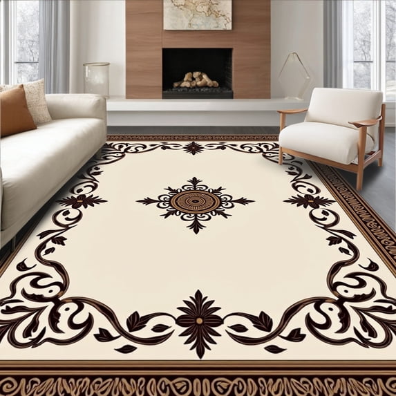 ODIKA 8' x 10' Machine Washable Non-Slip Area Rug, Baroque Acanthus-Leaf High Traffic Rug, Ivory, 482985
