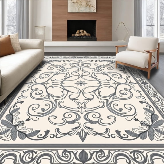 ODIKA 8' x 10' Machine Washable Non-Slip Area Rug, Baroque Scroll High Traffic Rug, Gray, 425883