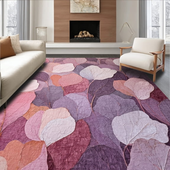 ODIKA 8' x 10' Machine Washable Non-Slip Area Rug, Botanical Leaf High Traffic Rug, Purple, 41704