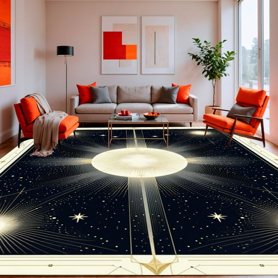 ODIKA 8'x10' Machine Washable Non-Slip Area Rug, Celestial Starburst with Radiant Symmetrical Points and Pewter Details High Traffic Rug, Gold, 129834