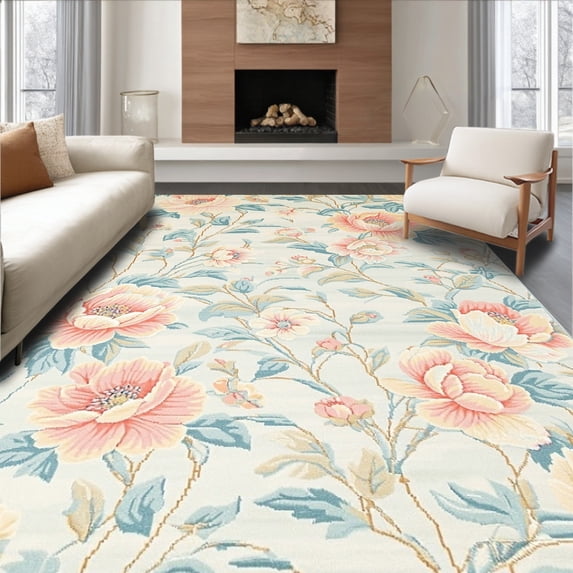 ODIKA 8'x10' Machine Washable Non-Slip Area Rug, Elegant Retro Inspired Botanical Design with Pastel Blooms High Traffic Rug, Peach, 219213
