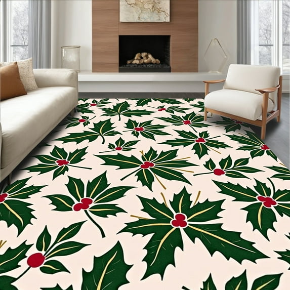 ODIKA 8' x 10' Machine Washable Non-Slip Area Rug, Christmas Holly-Leaf High Traffic Rug, Green, 501623