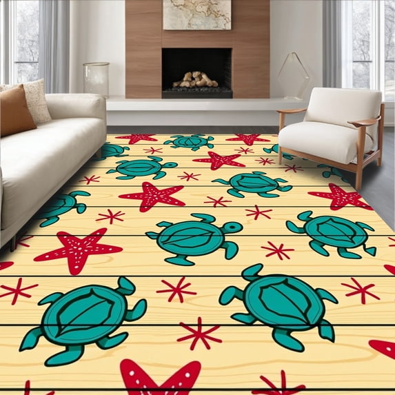 ODIKA 8'x10' Machine Washable Non-Slip Area Rug, Shoreline Treasures Nautical Fauna Rustic Planked Canvas High Traffic Rug, Beige, 426865