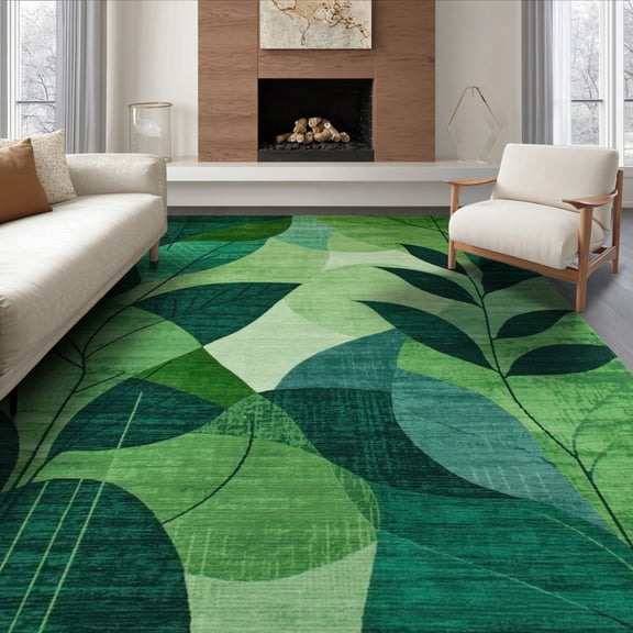 ODIKA 8'x10' Machine Washable Non-Slip Area Rug, Nature Inspired Leaf Motif with Abstract Botanical Design High Traffic Rug, Green, 137394