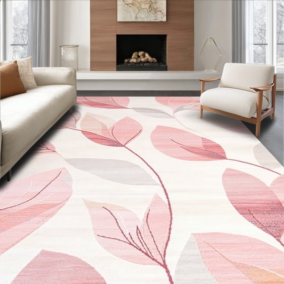 ODIKA 8' x 10' Machine Washable Non-Slip Area Rug, Contemporary Leaf High Traffic Rug, Pink, 202206
