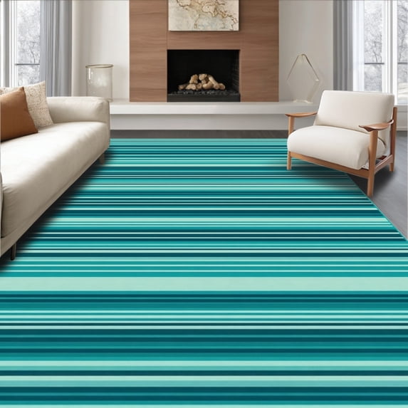 ODIKA 8'x10' Machine Washable Non-Slip Area Rug, Modern Teal Stripe Contemporary High Traffic Rug, Blue, 59105