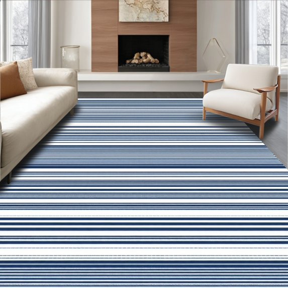 ODIKA 8' x 10' Machine Washable Non-Slip Area Rug, Contemporary Stripe High Traffic Rug, Navy, 249817