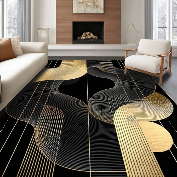 ODIKA 8'x10' Machine Washable Non-Slip Area Rug, Striking Contrast of Bold Lines High Traffic Rug, Gold, 36712