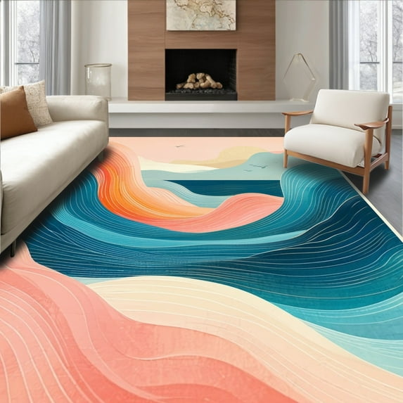 ODIKA 8'x10' Machine Washable Non-Slip Area Rug, Coral Ombre Ocean Hues Modern High Traffic Rug, Pink, 40621