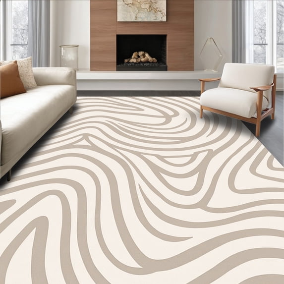 ODIKA 8' x 10' Machine Washable Non-Slip Area Rug, Contemporary Wavy-Line High Traffic Rug, Beige, 349190