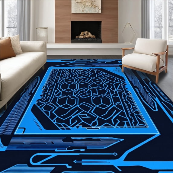 ODIKA 8' x 10' Machine Washable Non-Slip Area Rug, Cyberpunk Hexagon High Traffic Rug, Blue, 427469