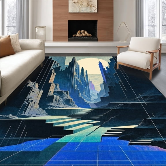 ODIKA 8'x10' Machine Washable Non-Slip Area Rug, Retrofuture Citadel Inscribed High Traffic Rug, Gray, 191376