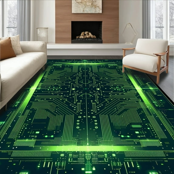 ODIKA 8' x 10' Machine Washable Non-Slip Area Rug, Cyberpunk grid High Traffic Rug, Green, 85320