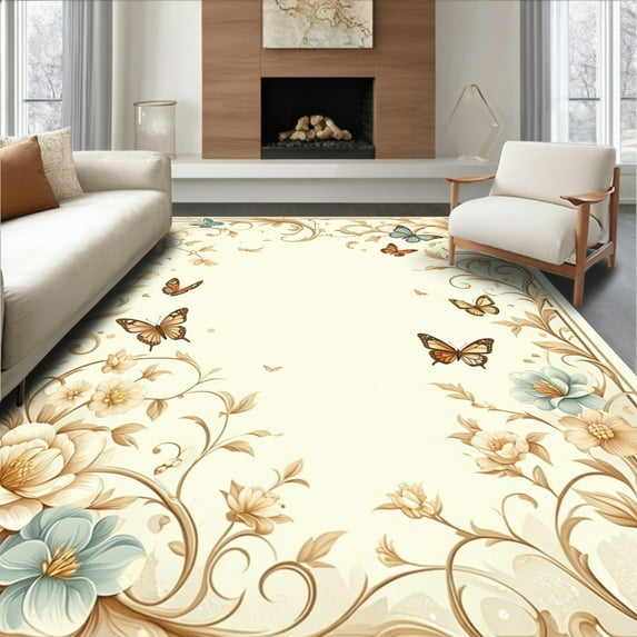 ODIKA 8' x 10' Machine Washable Non-Slip Area Rug, Floral Butterfly High Traffic Rug, Ivory, 279229