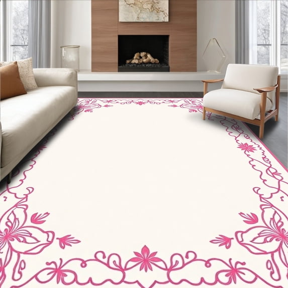 ODIKA 8' x 10' Machine Washable Non-Slip Area Rug, Floral flower High Traffic Rug, Ivory, 590742