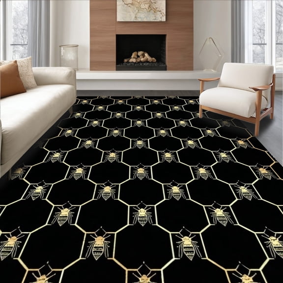 ODIKA 8'x10' Machine Washable Non-Slip Area Rug, Interlocking Honeycomb Bee Haven Black High Traffic Rug, Black, 277469